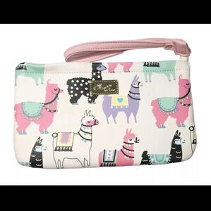 Betsey Johnson Llama Alpaca Wristlet Purse Double Pocket White Pink Faux Leather